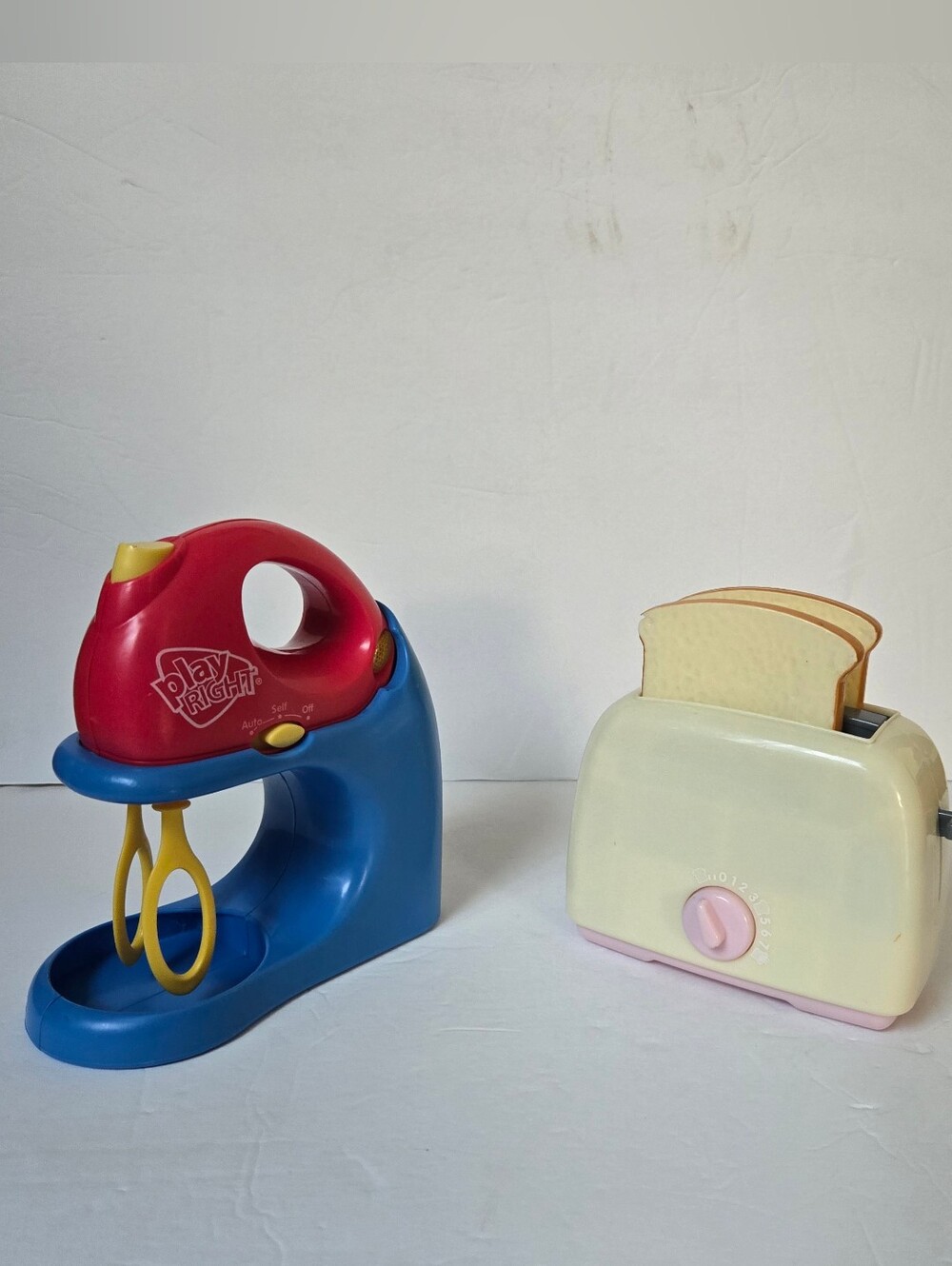 Kids Red & Blue Mixer Toy with Yellow Beaters & Toaster GUC Works!